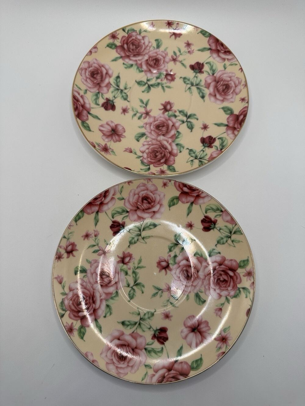 2 Brew to A Tea Pink Rose Cream & Gold Trim 6”Saucers Floral Pink Cottagecore